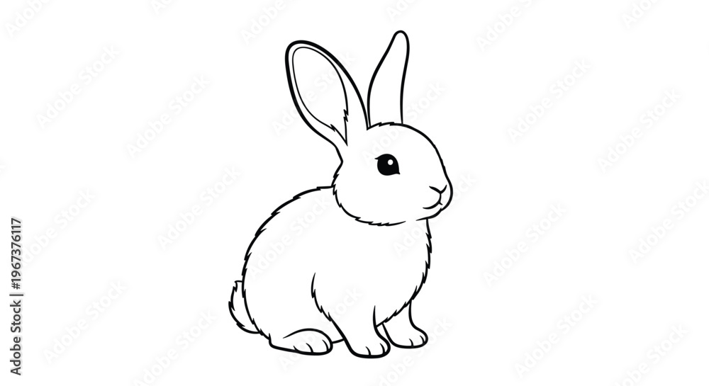 Obraz premium Cute and simple black line drawing of a sitting rabbit with large ears isolated on a solid white background for kids.