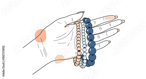 Delicate line drawing of a human hand showcasing three different beaded bracelets in peach, white, and navy blue tones.