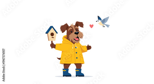 Cheerful brown dog wearing a yellow raincoat and blue boots holds a birdhouse while a small blue bird flies nearby.