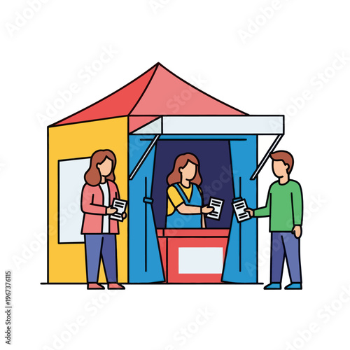 People interacting at a service booth with a vendor.
