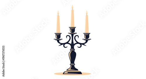 Elegant black wrought iron candelabra featuring three lit white candles with glowing flames, isolated on a plain white background.