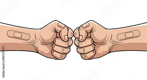 Pair of hands engaged in a fist bump, both wrists and fingers covered in multiple adhesive bandages or band-aids.