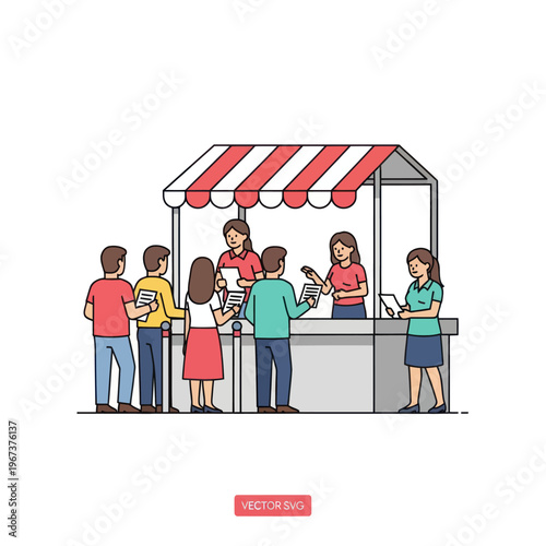 People queuing at a market stall for service.