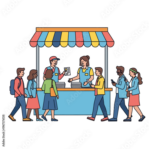 People queuing at a market stall with vendors serving customers.