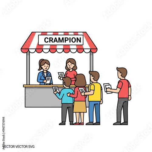 People queuing at a stall for a product or service.