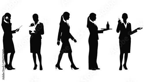 Businesswoman silhouette vector illustration set in various professional poses