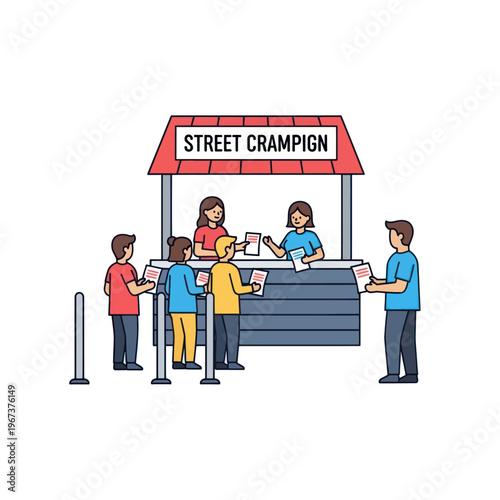 People queuing at a street stall for a campaign.