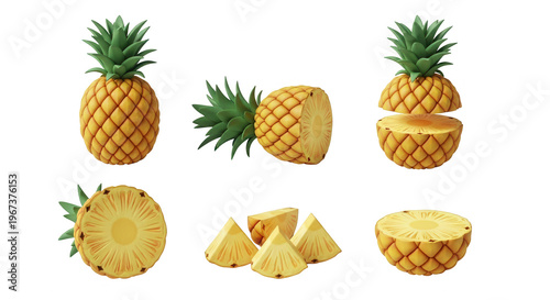 pineapple fruit stages whole halved sliced and segmented isolated on a white backdrop healthy eating visuals
