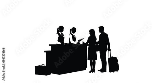 Hotel reception check in with guests and staff dark silhouette
