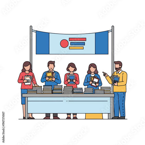 People selling books at a stall.