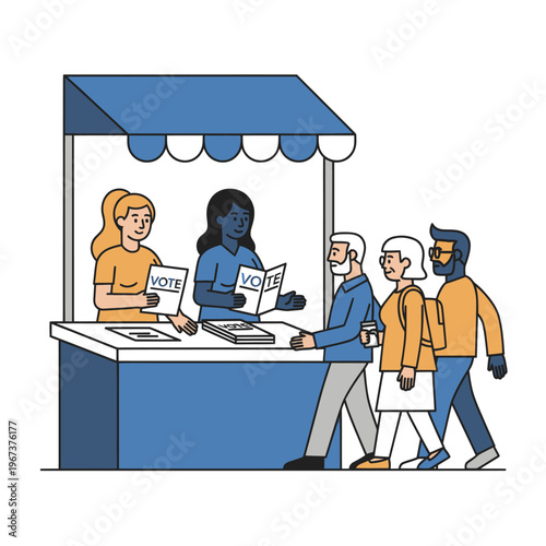 People voting at a polling station with election officials.