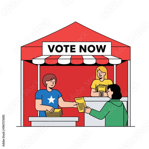People Voting at a Booth with Vote Now Sign.