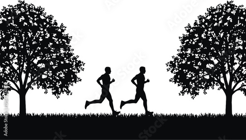 Runner silhouette illustration of two people jogging between trees