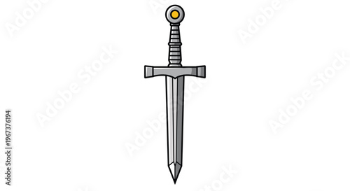 Medieval style grey metal sword with a straight blade and a gold gem on the pommel, isolated on a white background.