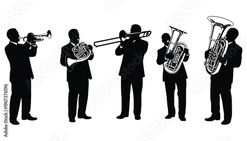 Musicians playing various brass instruments in formal suits as black silhouettes