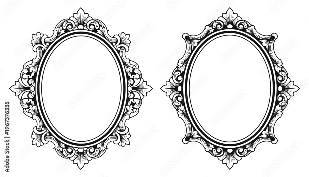 Obraz premium A pair of ornate oval picture frames in black and white illustration