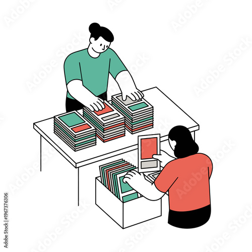 Two people sorting and organizing stacks of documents and papers on a table and in a box.