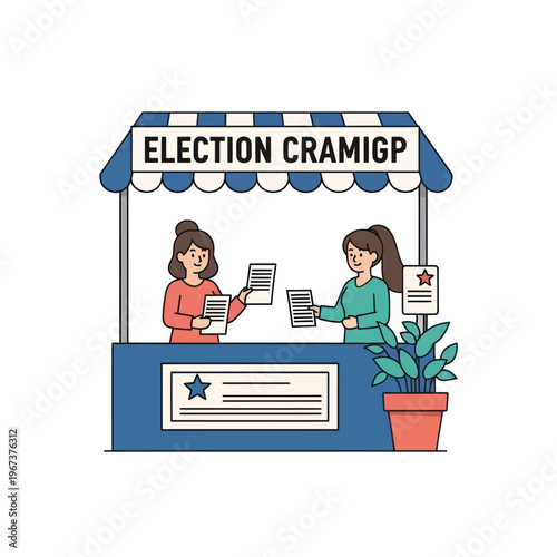 Two women at election booth distributing flyers.