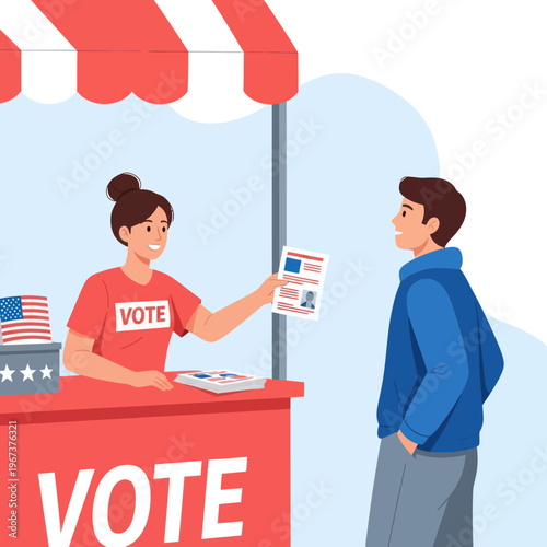 Woman handing voter information at a polling station booth.
