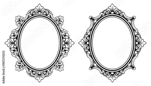 A pair of ornate oval picture frames in black and white illustration