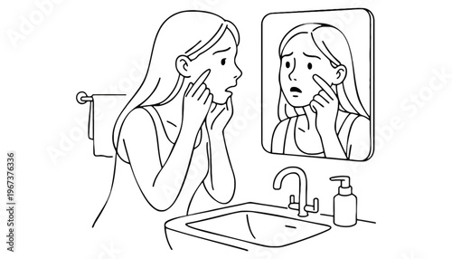 A woman examining her face in a bathroom mirror with concern