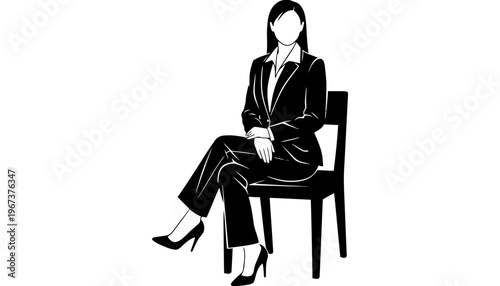 A woman in business attire sitting on a chair in a minimalist illustration