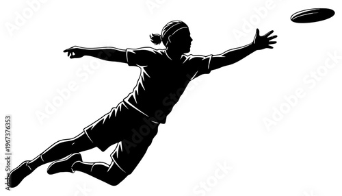 A black silhouette of a man playing frisbee in mid-air