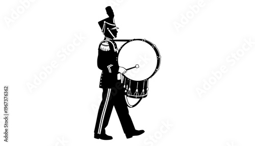 Drum major silhouette illustration in uniform playing a large drum