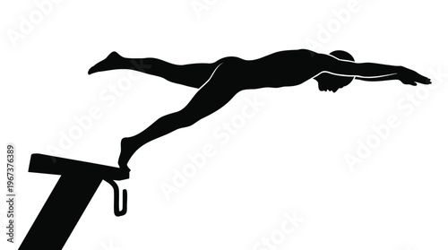 Dynamic silhouette capturing a male swimmer in mid-dive from the starting block, symbolizing power, agility, and competitive ambition