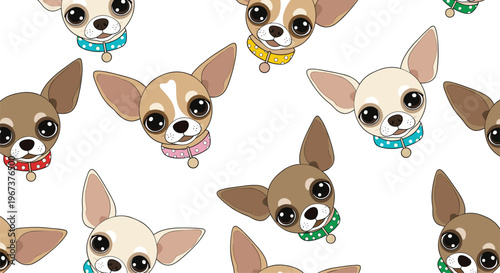 Fun seamless pattern of adorable chihuahua dog heads wearing various colorful polka dot collars, set against a white background.