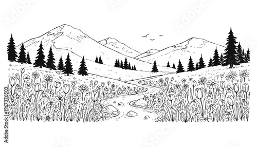 Mountain landscape vector illustration with a serene stream and wildflowers