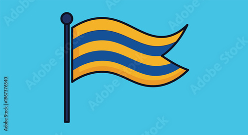 Simple cartoon illustration of a waving flag with blue and yellow horizontal stripes on a dark blue pole, light blue background.