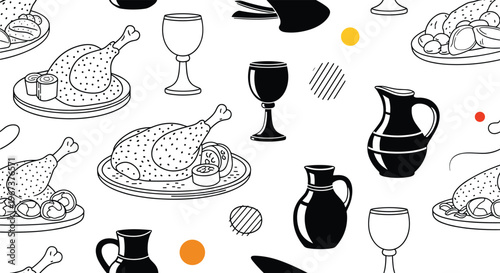 Culinary seamless pattern featuring roast chicken platters, wine glasses, and ceramic jugs in black and white with orange accents.