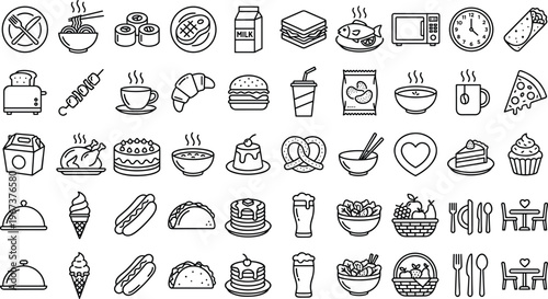 Food and Drink Icon Set with Fast Food Desserts Beverages Restaurant Symbols and Kitchen Meal Icons for Menu Design Apps and UI Interfaces