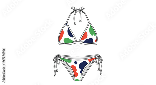 Fashionable two-piece bikini set with a white base and a playful abstract pattern of red, navy, and green paint-like spots.