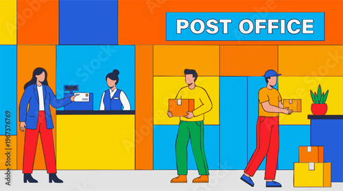 Illustration of people inside a post office for mail and package services