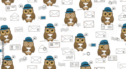 Delightful seamless pattern featuring brown owls wearing blue postman hats, holding letters among various envelope designs.