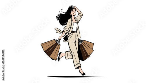 Woman shopping illustration with many bags in her hands running fast