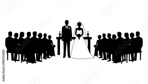 Wedding couple silhouette illustration standing at the altar with guests