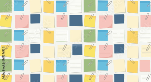 Functional seamless pattern of multicolored square sticky notes and paper scraps, many featuring small silver paperclips.