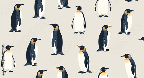 Seamless pattern of cute emperor penguins standing in different directions on a light background for fabric or wallpaper design use.