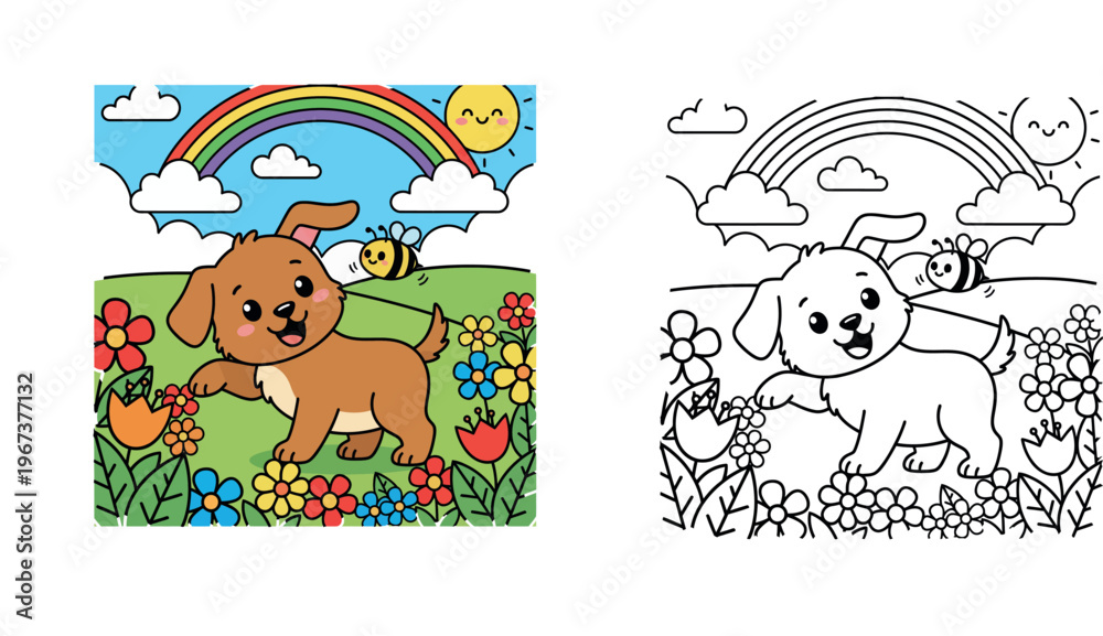Naklejka premium dorable illustration of a playful puppy and a friendly bee in a vibrant flower field