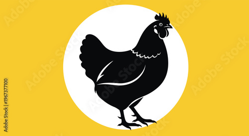 Simple silhouette of a black hen positioned inside a large white circle against a bright yellow background for a bold graphic design.