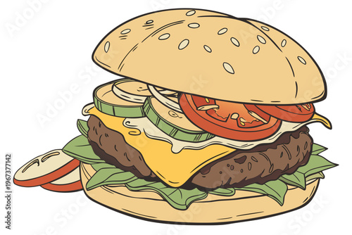 Stylized vector graphic illustration of a classic cheeseburger showcasing a juicy patty, melted cheese, fresh vegetables, and a toasted sesame seed bun.