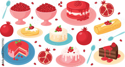 Pomegranate desserts collection with cakes pastries and sweets vector illustration isolated on white background delicious food set