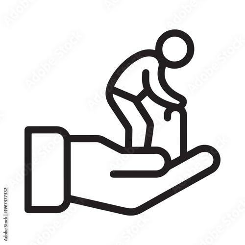 A large hand gently supports a person leaning forward symbolizing care