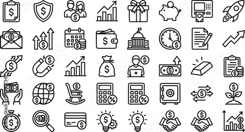 Finance and Banking Line Icon Set with Money, Investment, Payment, Savings, Business Growth and Economy Symbols for Web, App, UI and Infographic Design