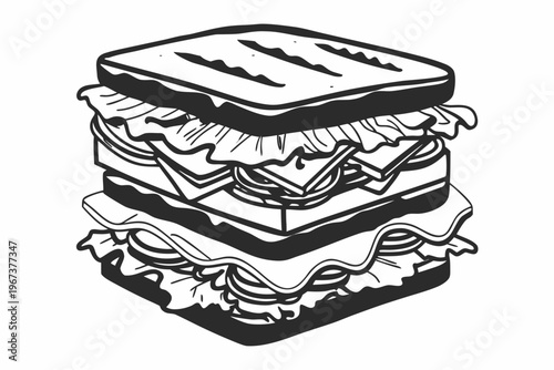 Classic multi-layered club sandwich vector illustration with toasted bread and fresh fillings, perfect for restaurant menus or food packaging design.