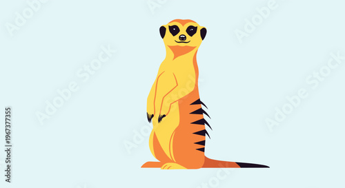 Detailed illustration of a meerkat standing tall on its hind legs while alertly scanning the environment on a pale blue background.