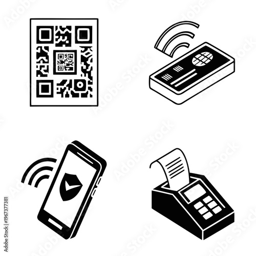 A vector graphic illustration of various mobile payment methods and devices